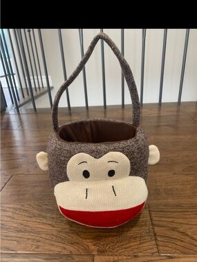 Kids Brown Monkey Face Plush Basket with Handle
